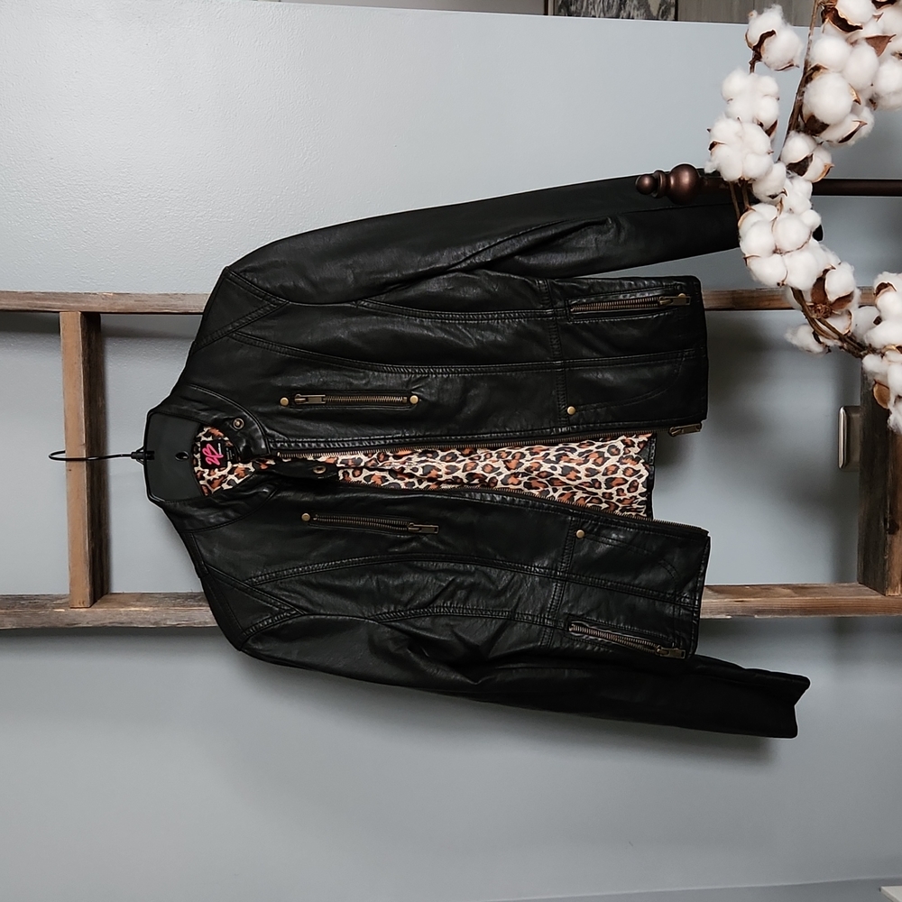 Bebe Ladies Black Faux Leather Motto Jacket Sz S